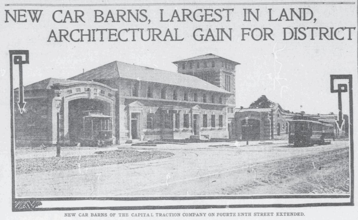 The completed Capital Traction car barn on 14th Street NW, December 1907, with its Italian villa facade and tower.
