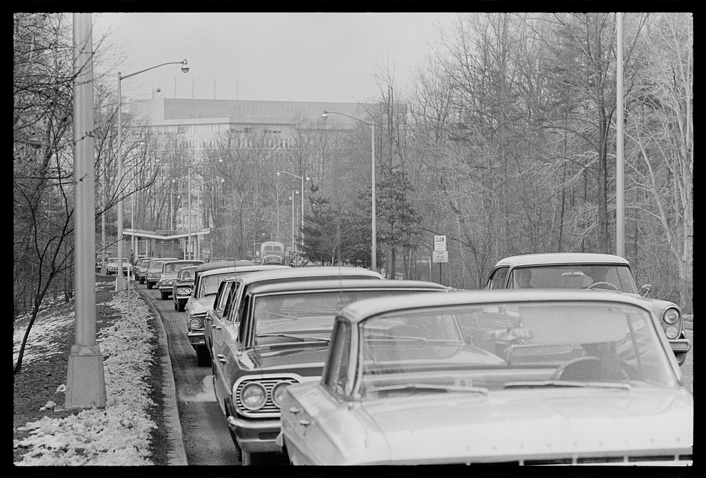 Cars lined up to enter CIA headquarters in Langley Virginia February 21 1967
