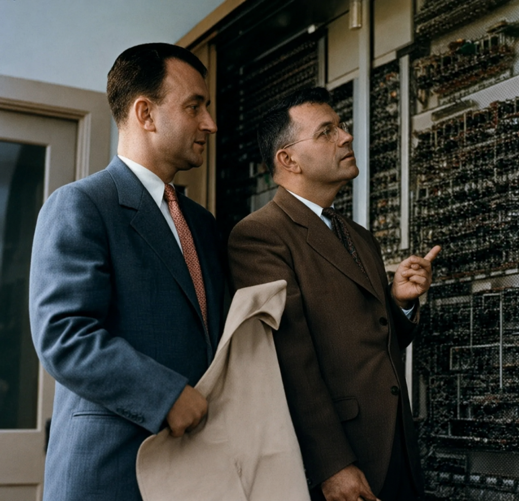 S.N. Alexander and Dr. Edward U. Condon inspect SEAC, June 20, 1950 (colorized with AI)