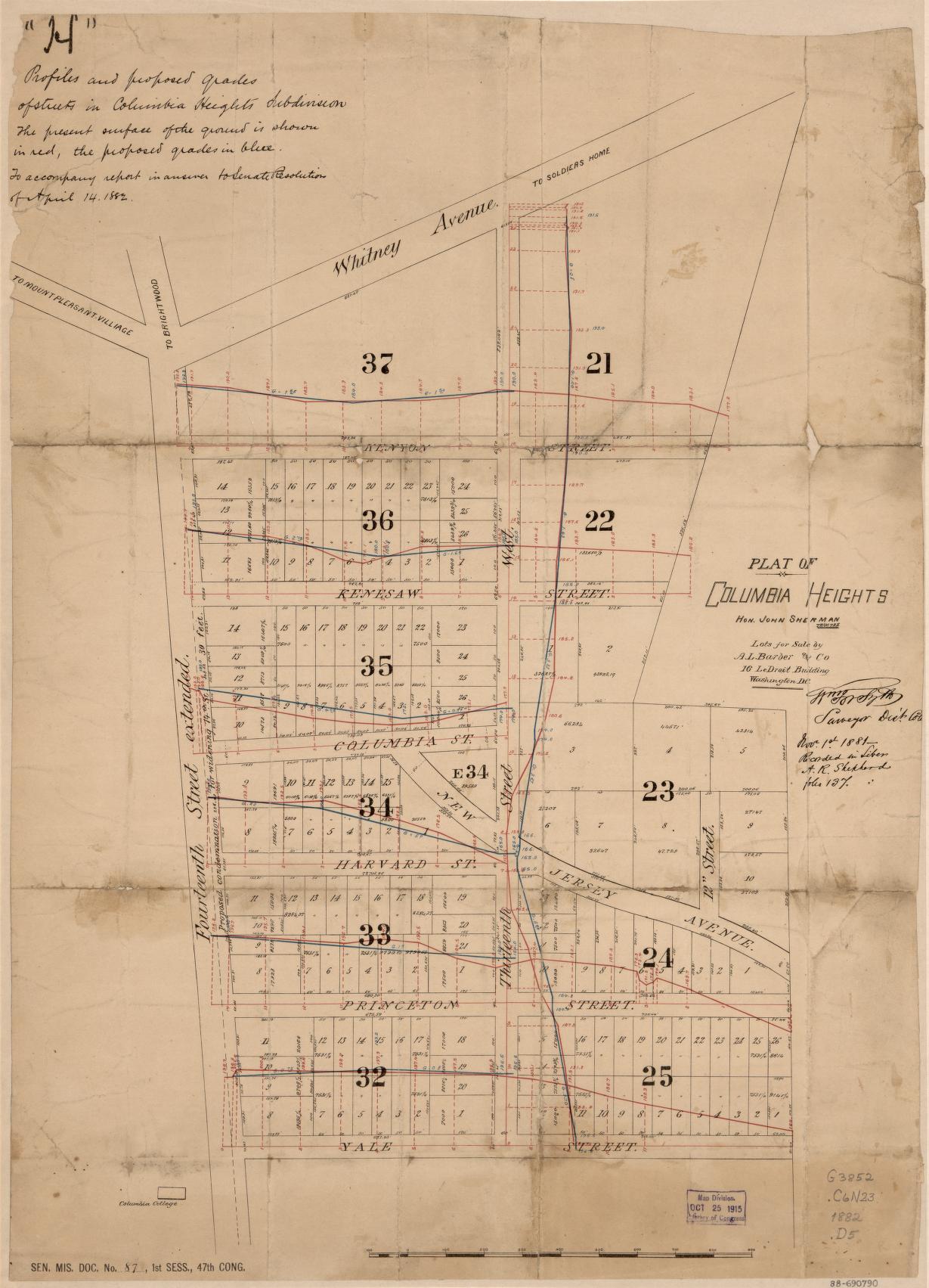 1881 Plat of Columbia Heights showing the original college-themed and Civil War general street names