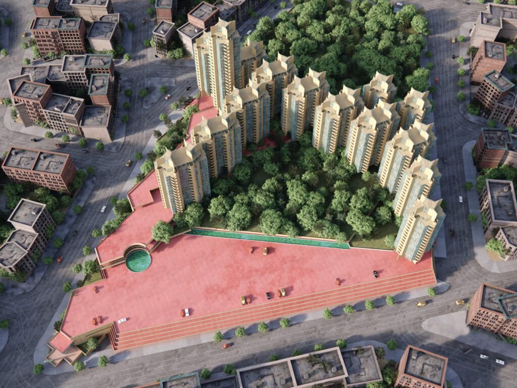 Aerial photorealistic rendering of Frank Lloyd Wright’s unbuilt Crystal Heights, a cluster of glass towers in Washington DC