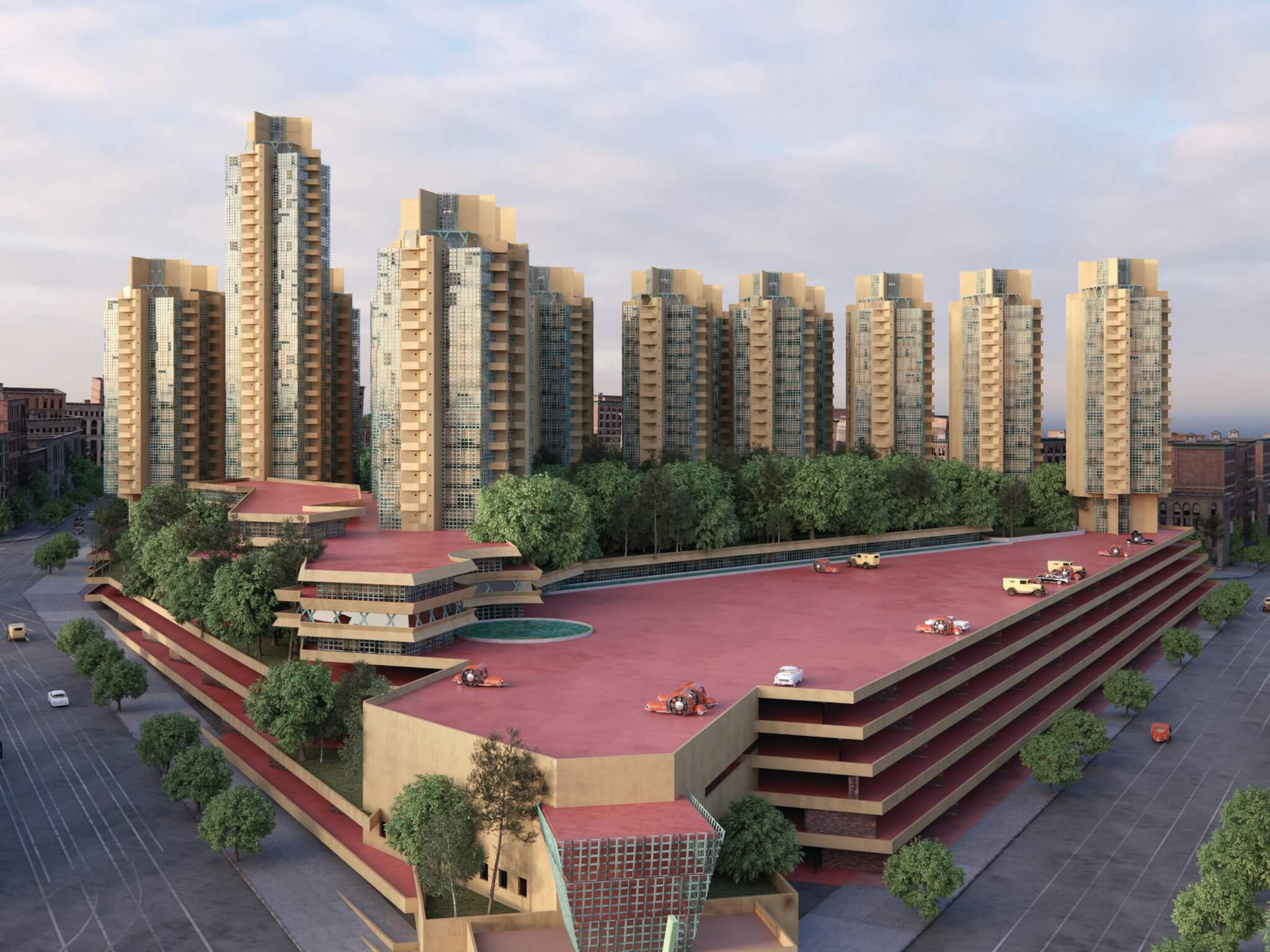 Street-level photorealistic rendering of Frank Lloyd Wright’s Crystal Heights glass towers