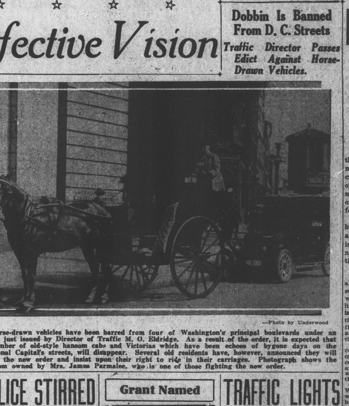 Photograph of Mrs. James Parmalee's hansom cab with horse and driver, published in the Washington Times under the headline Dobbin Is Banned From D.C. Streets, December 30, 1925