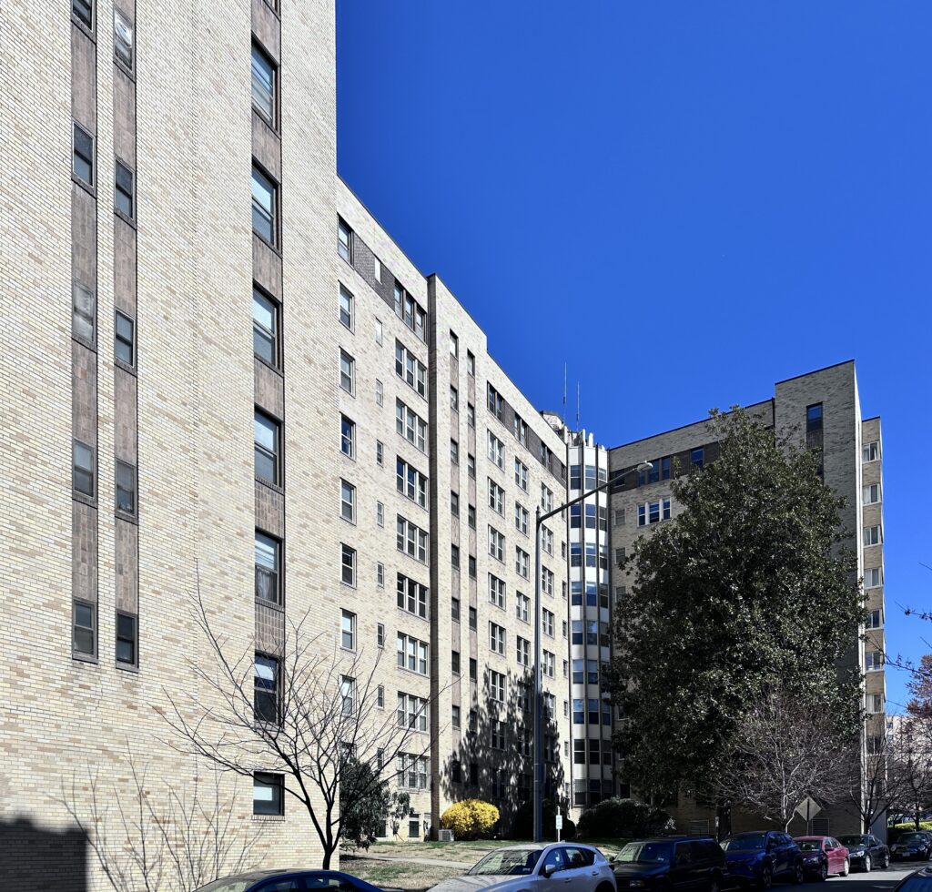 Dorchester House side view at 2480 16th Street NW Washington DC showing the T-shaped Art Deco building designed by architect Francis L Koenig