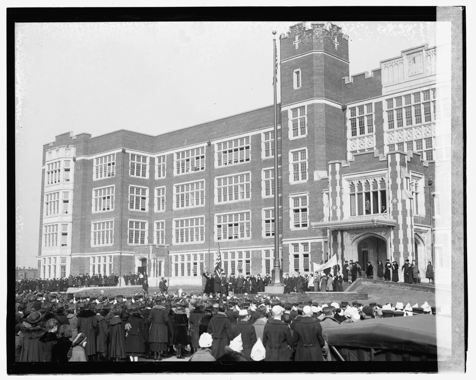 The new Collegiate Gothic Eastern High School building with an opening-day crowd, 1923