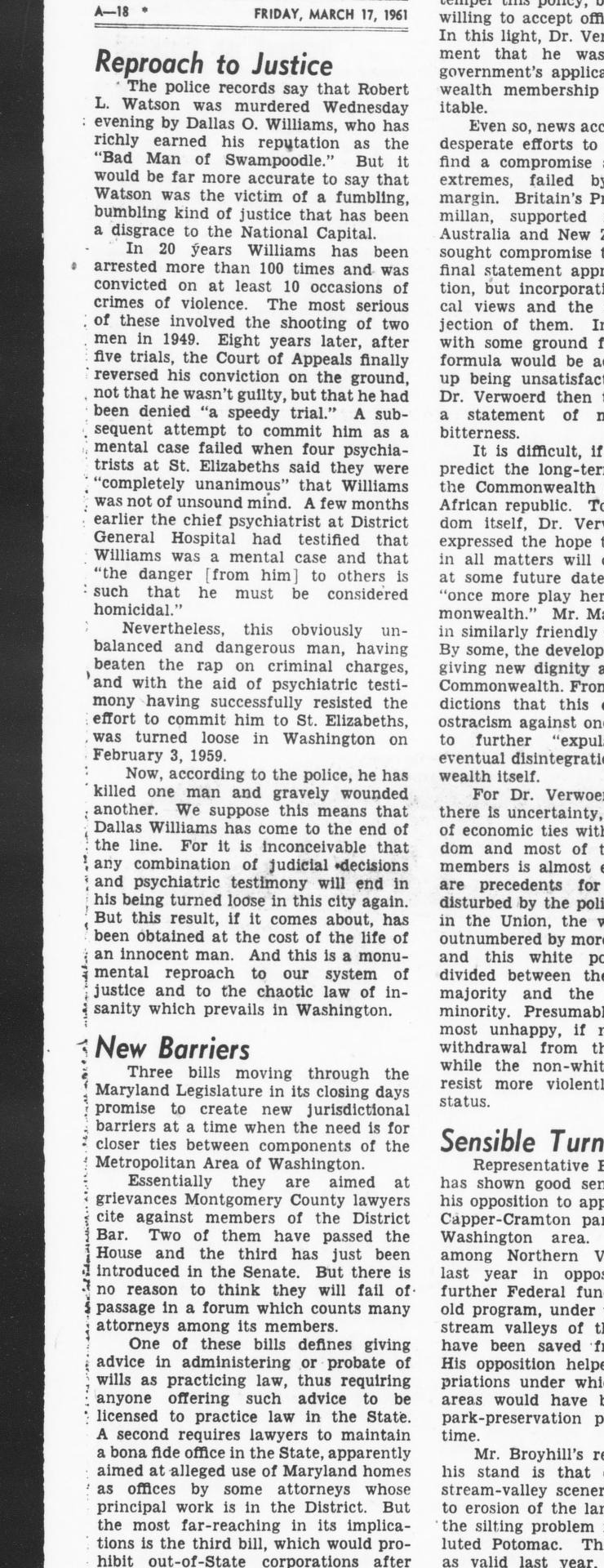 Newspaper clipping of the March 17, 1961 Evening Star editorial titled Reproach to Justice.
