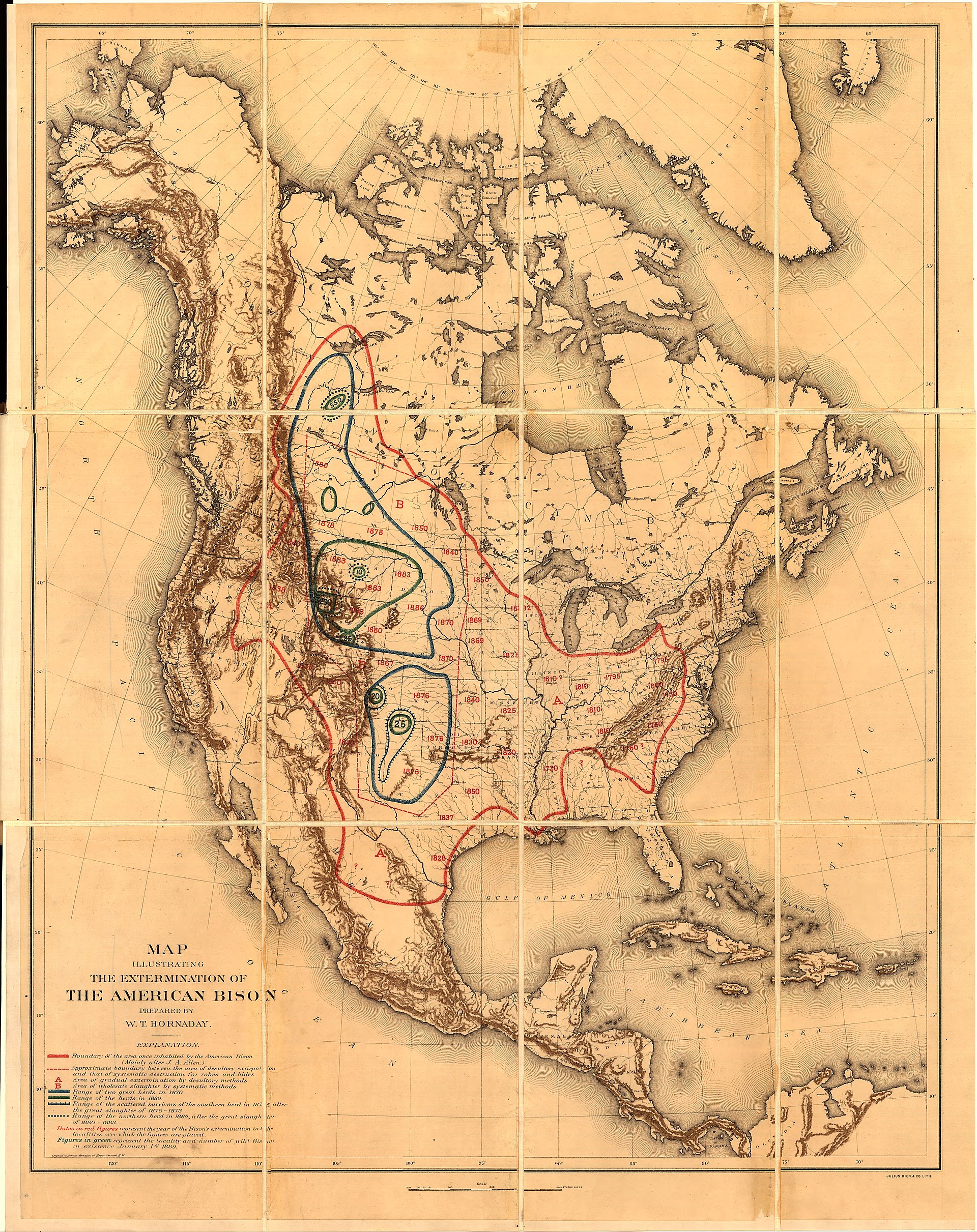 Hornaday's 1889 map showing the extermination of the American bison across the historic range