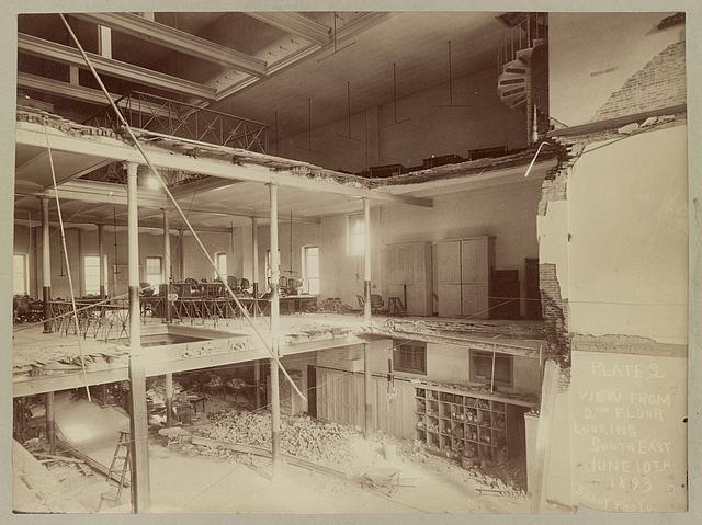 View from the second floor showing the chasm where three stories had pancaked into the basement