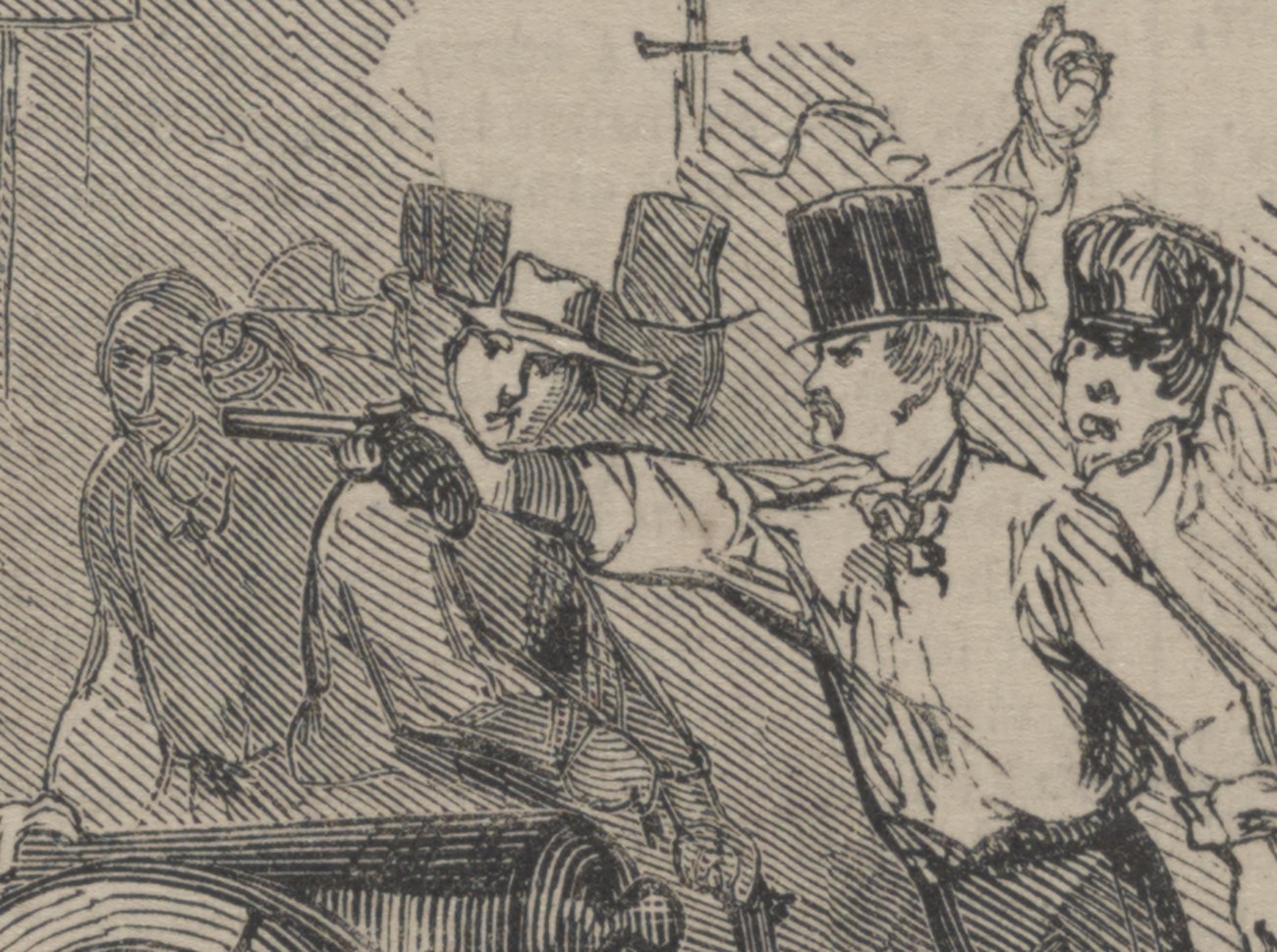 Top-hatted rioters crowding a small cannon while a man in civilian dress confronts them, 1857 engraving.