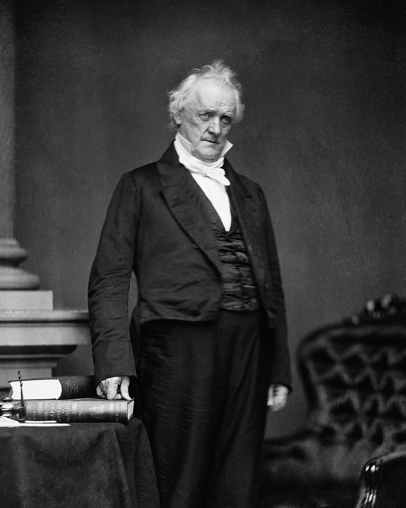 Seated portrait photograph of President James Buchanan.