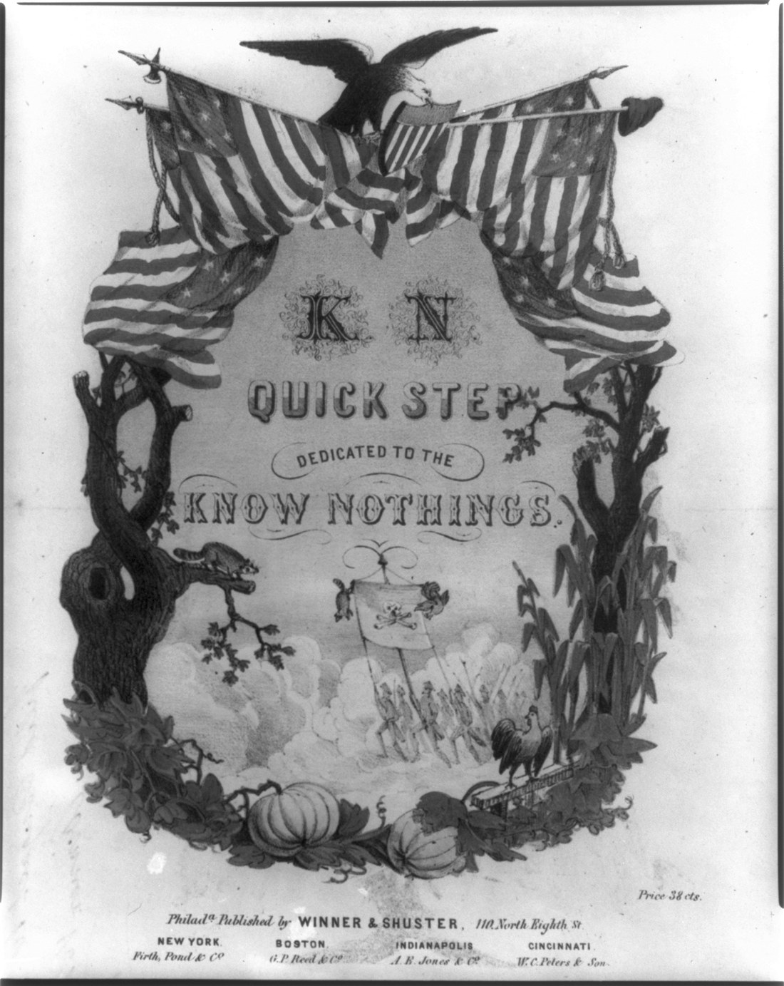 1854 sheet music cover with an eagle and flags, titled K.N. Quick Step dedicated to the Know Nothings.