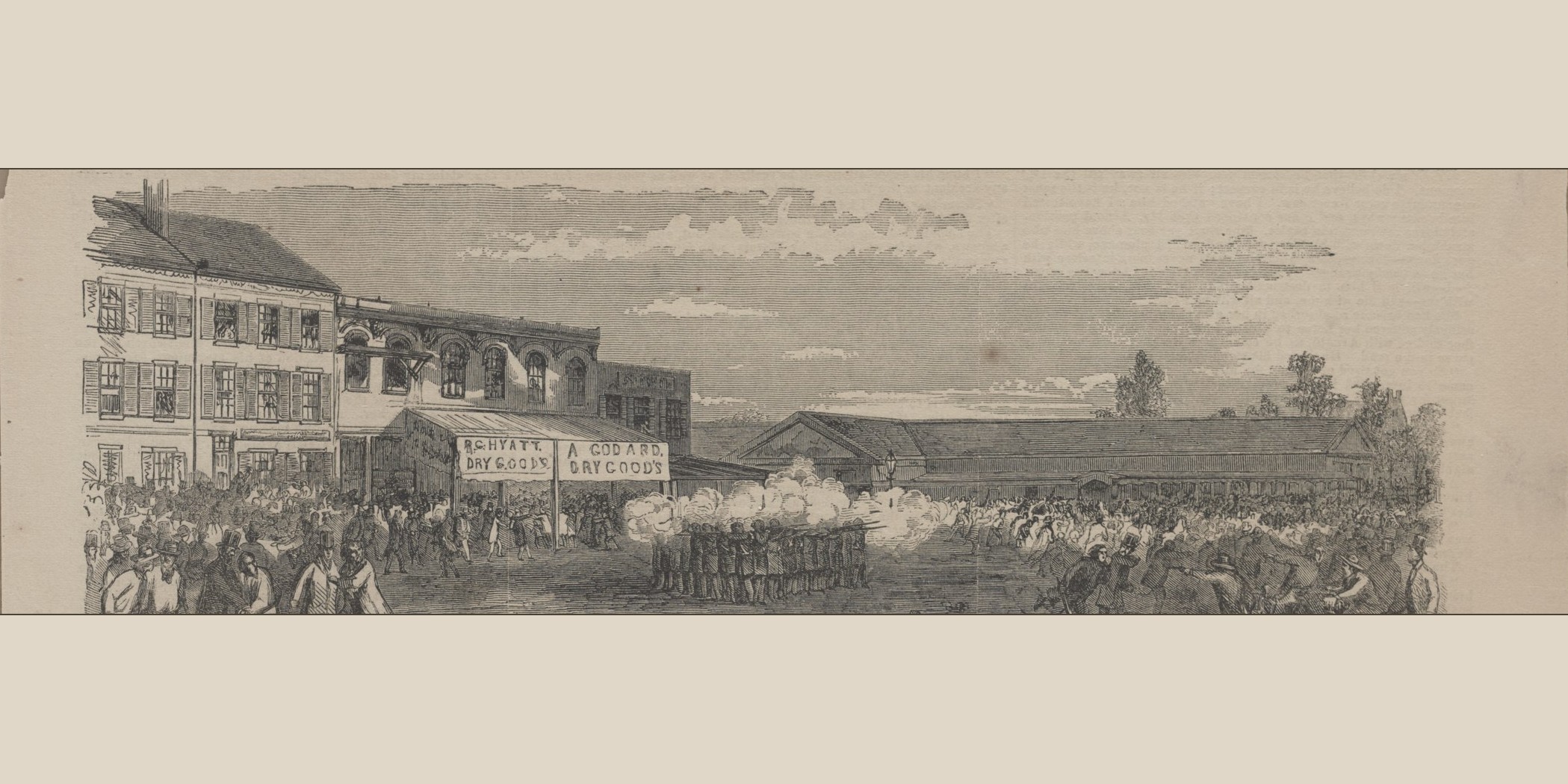US Marines in a firing line before the Northern Liberty Market in Washington as a crowd scatters, 1857 wood engraving.