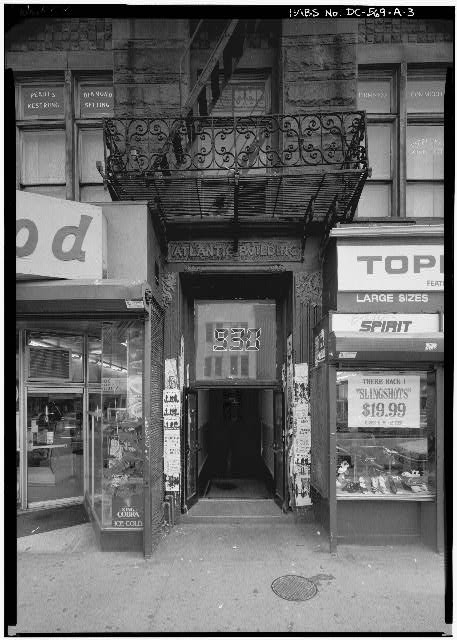 Close-up view of the entrance doorway to the Atlantic Building at 930 F Street NW, the public face of the original 9:30 Club