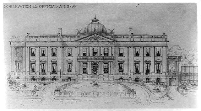 Fred D. Owen 1900 architectural elevation of the proposed official wing for the Executive Mansion, showing facade detail for the west wing of the abandoned scheme.