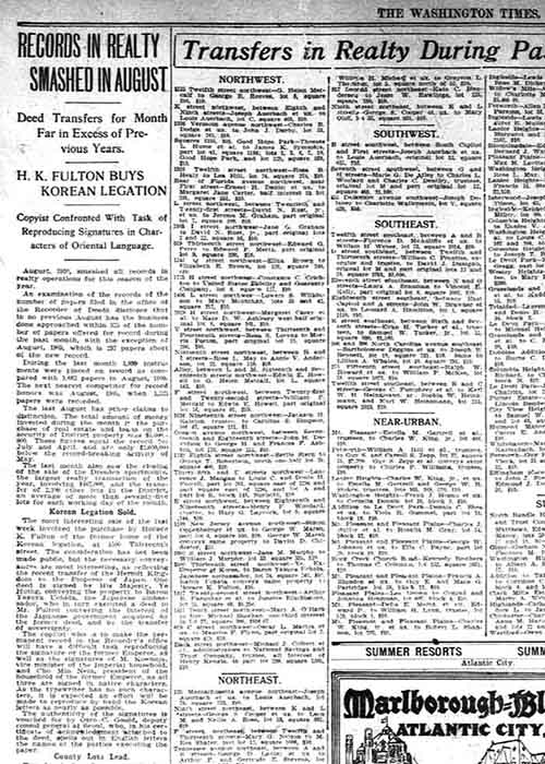 Clipping of Washington Times real estate column reporting H.K. Fulton's purchase of the Korean Legation from the Japanese government, September 1910