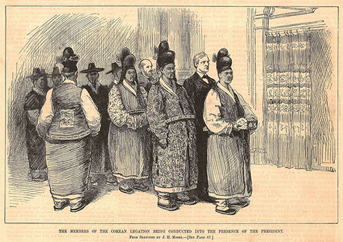 Harper's Weekly engraving of the Korean Legation members being conducted into the presence of President Grover Cleveland, January 1888