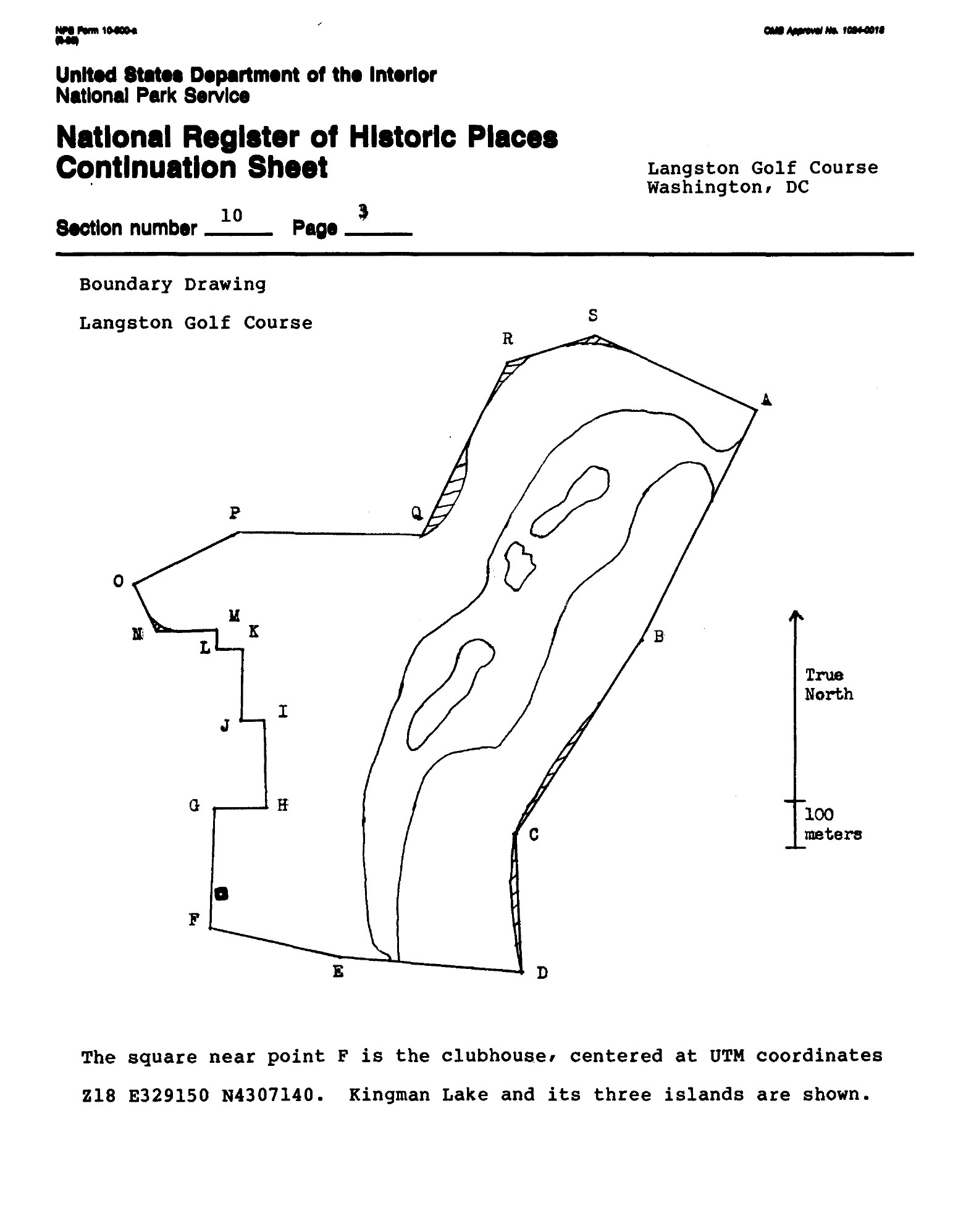 Hand-drawn boundary map of Langston Golf Course showing the course outline and Kingman Lake with three islands