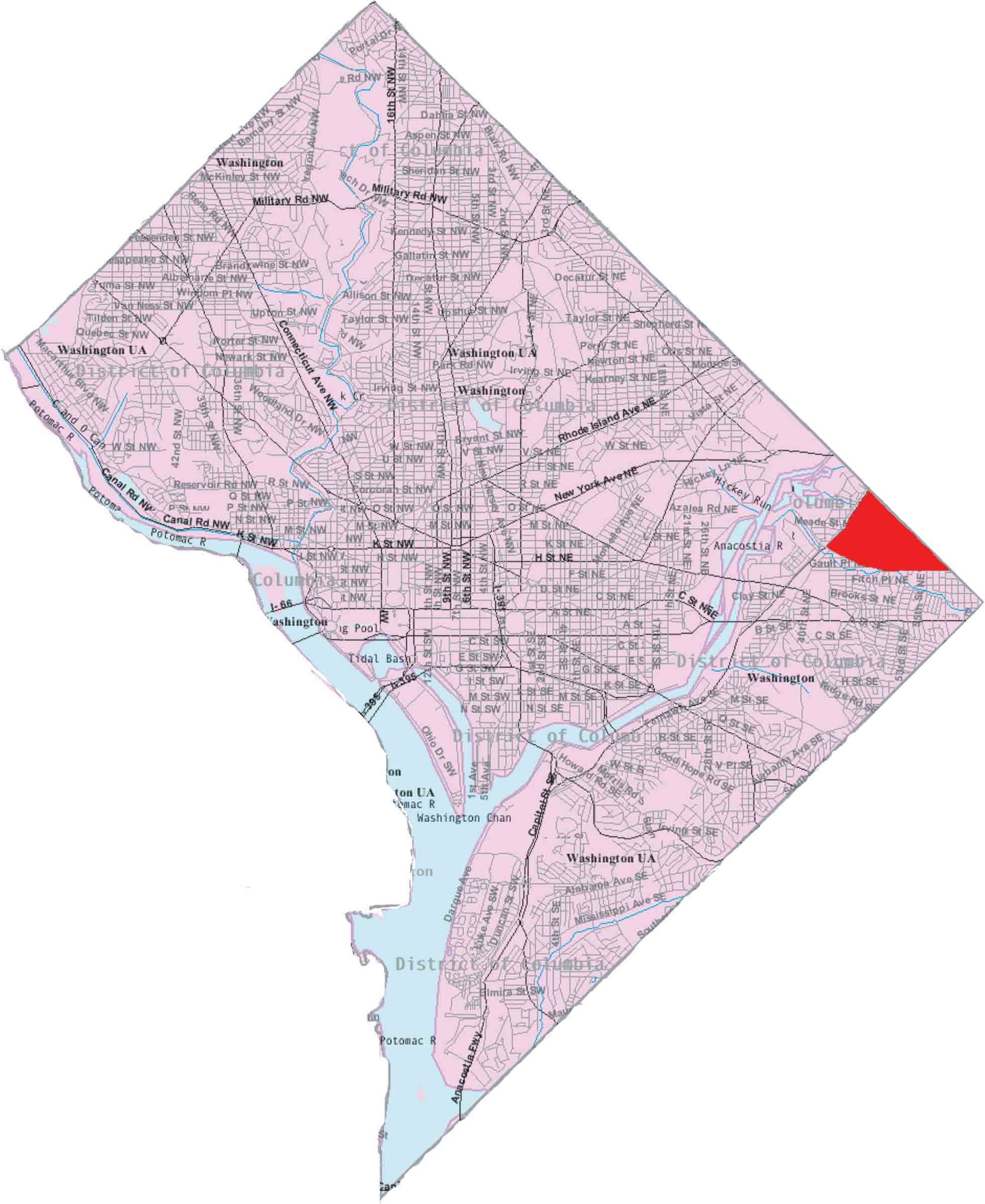 Map of Washington DC with the Deanwood neighborhood highlighted in red in the far Northeast quadrant, east of the Anacostia River and adjacent to the Prince Georges County line.