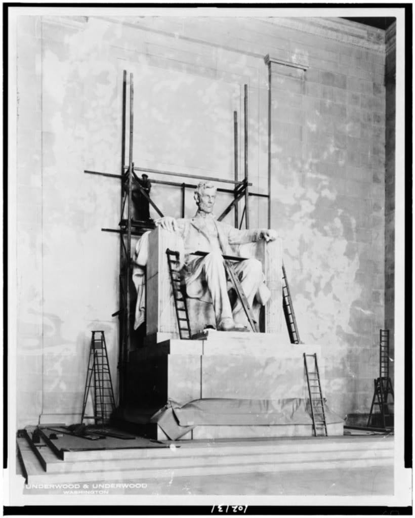 The seated Abraham Lincoln statue under construction inside the memorial chamber