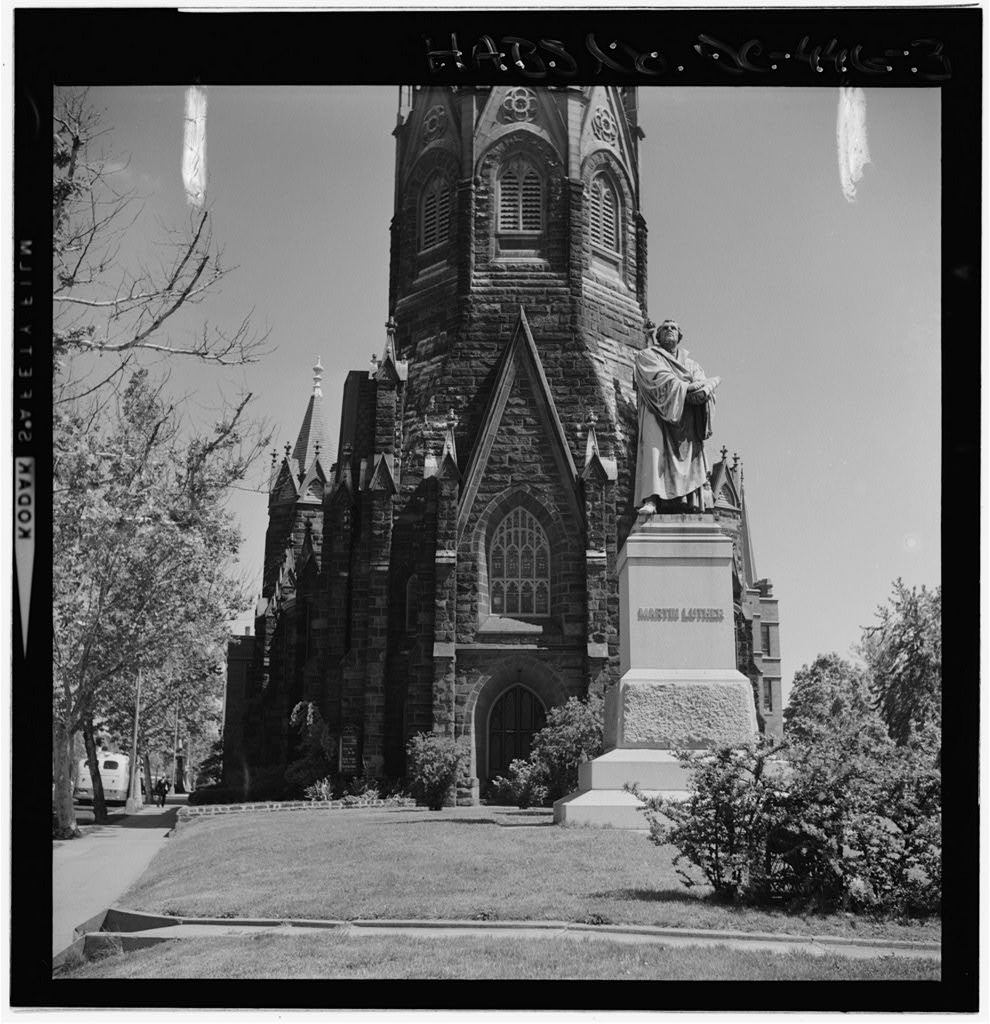 South elevation of the tower of Luther Place Memorial Church, seen from Thomas Circle, 1963