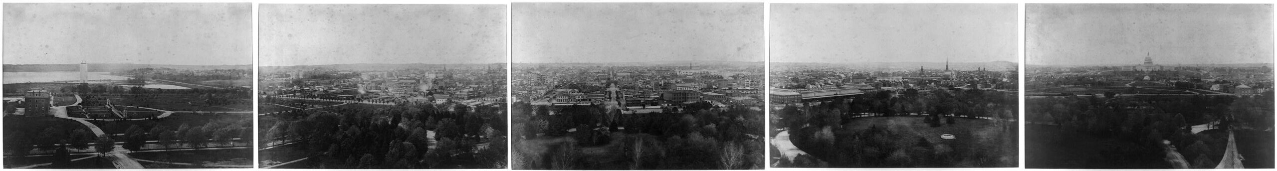 Five-part panoramic photograph taken from the Smithsonian Castle in the late 1870s, looking out across the National Mall, with the Washington Monument under construction on the far left and the U.S. Capitol visible on the far right.
