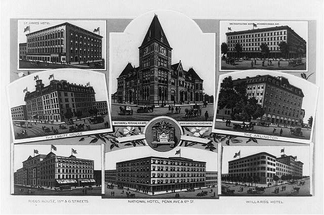 Photolithograph composite showing eight Washington DC hotels including the National Hotel, Metropolitan Hotel, Willard's, Ebbitt House, Riggs House, St. James, The Arlington, and the B&P Railroad Depot