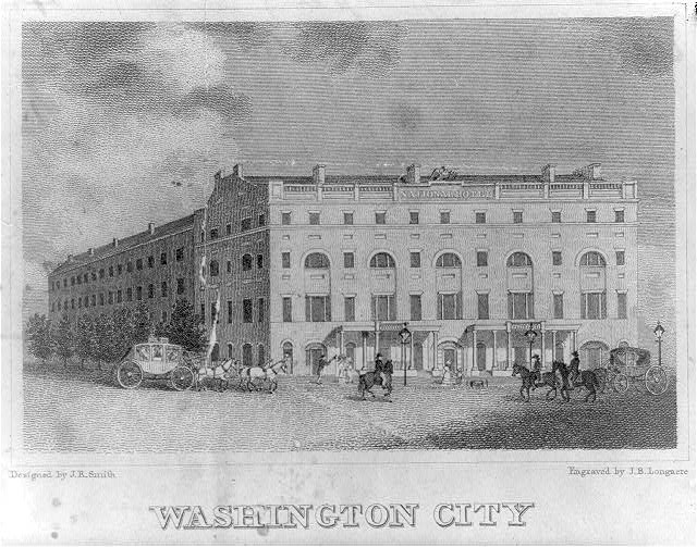 Engraving showing the National Hotel on Pennsylvania Avenue in 1830, when it was still known as Gadsby's