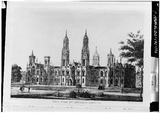 Renwick's rejected Gothic design for the Smithsonian Institution Building, 1846