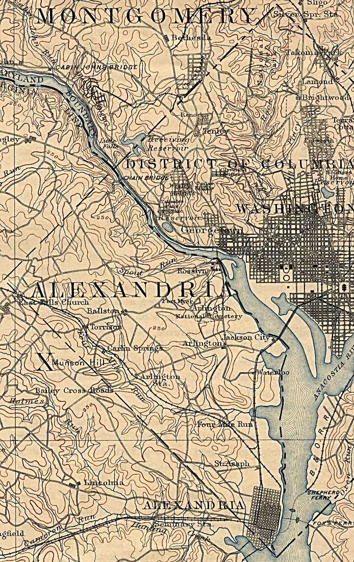 1894 U.S. Geological Survey map showing Rosslyn, Jackson City, Fort Myer and the road west to Falls Church, Virginia