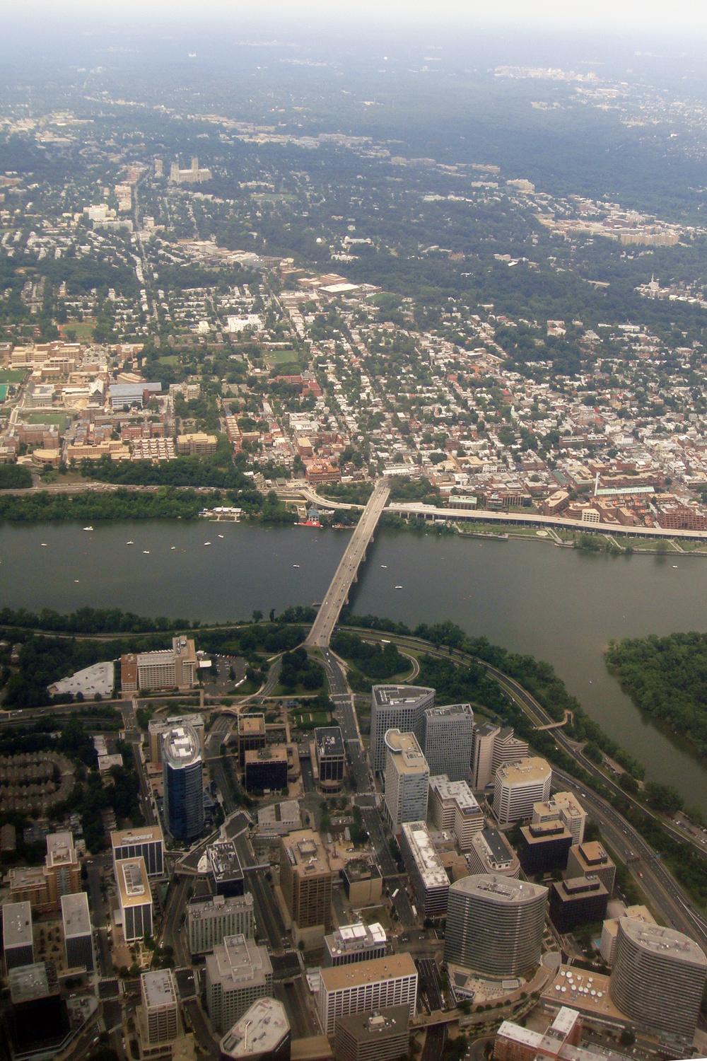 Aerial view of Rosslyn, Key Bridge and Georgetown along the Potomac River