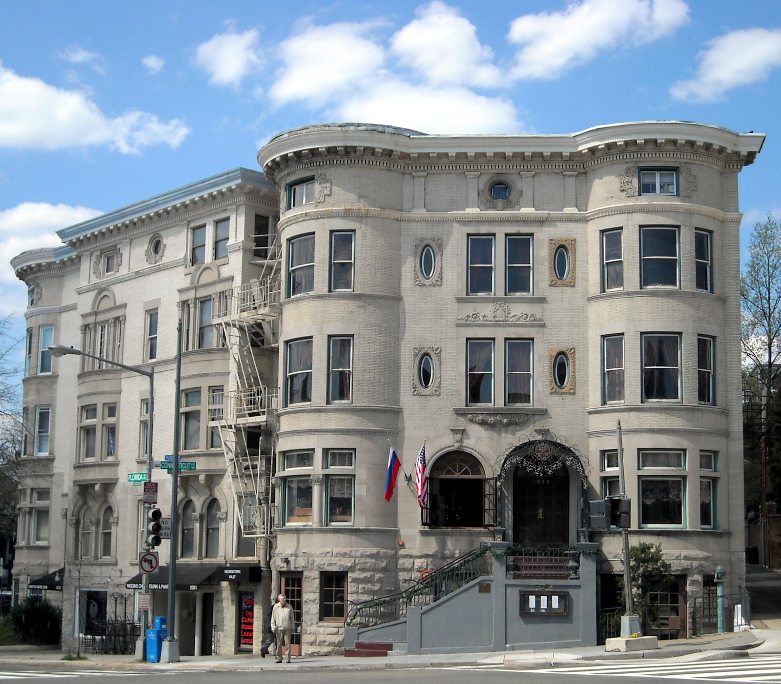 The Romanesque mansion at Connecticut and Florida Avenues NW, home of Russia House, flying the Russian and American flags in 2009