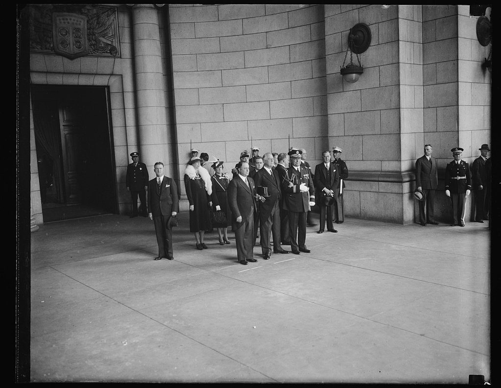 President Roosevelt and Nicaraguan President Somoza standing at attention during a 21-gun salute, May 5, 1939