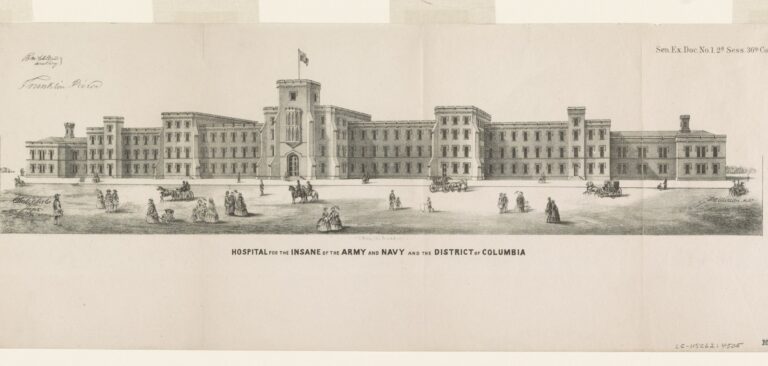 Hand-colored 1860 lithograph showing the long Gothic Revival St. Elizabeths Hospital building with carriages and pedestrians in the foreground.