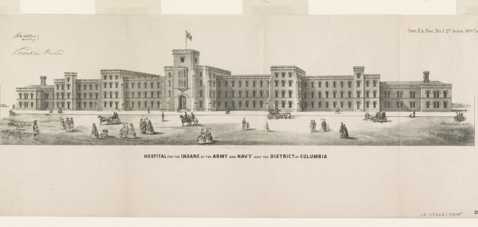 Hand-colored 1860 lithograph showing the long Gothic Revival St. Elizabeths Hospital building with carriages and pedestrians in the foreground.