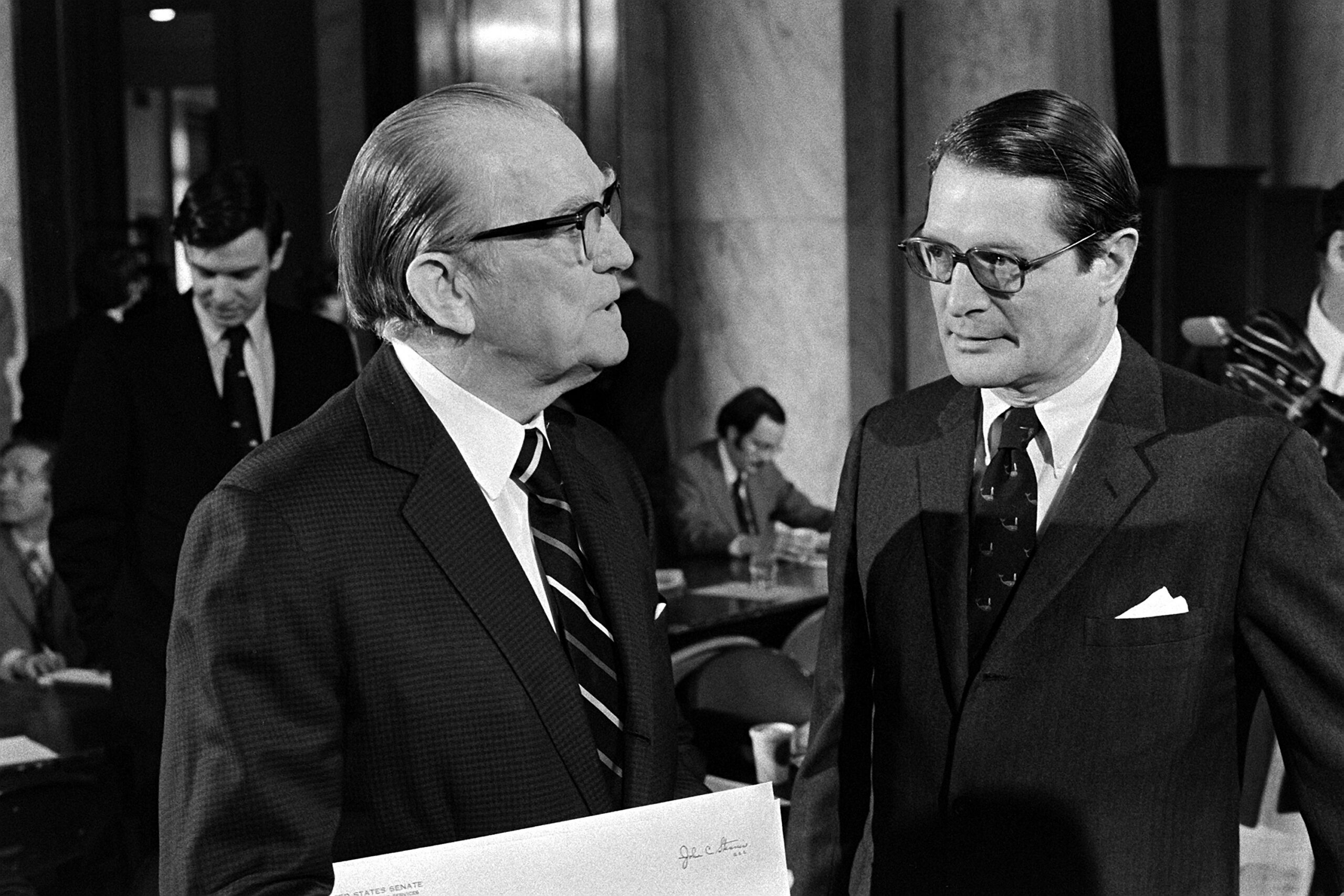 Senator John Stennis seated with Defense Secretary designate Elliot Richardson at a Senate hearing in January 1973