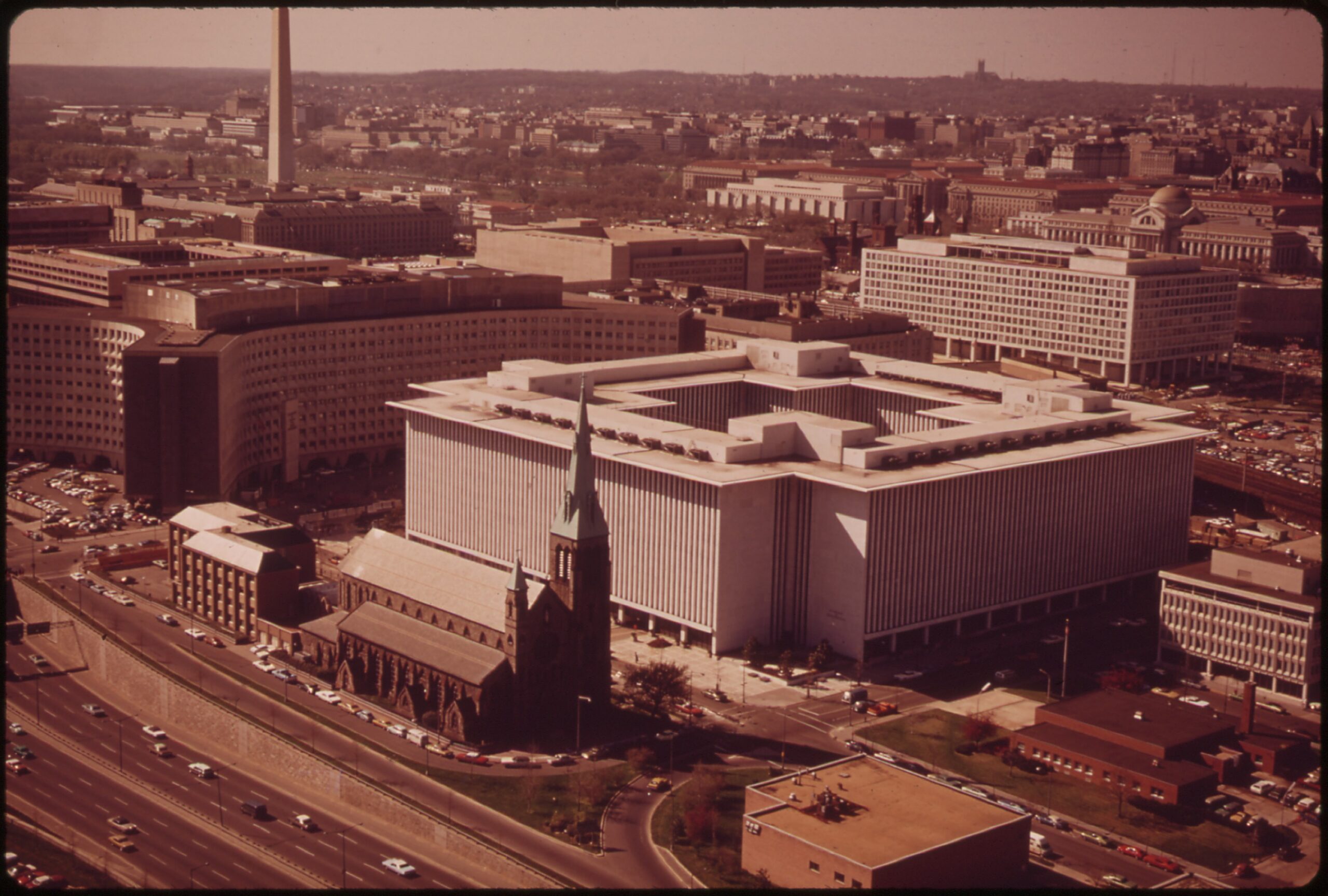 Southwest Washington DC in April 1973, looking across L'Enfant Plaza and the Southwest Freeway toward the Washington Monument