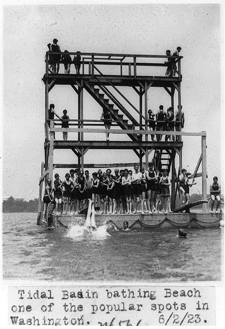 About a dozen swimmers in wool bathing suits sit and stand on a wooden diving platform rising from the Tidal Basin.