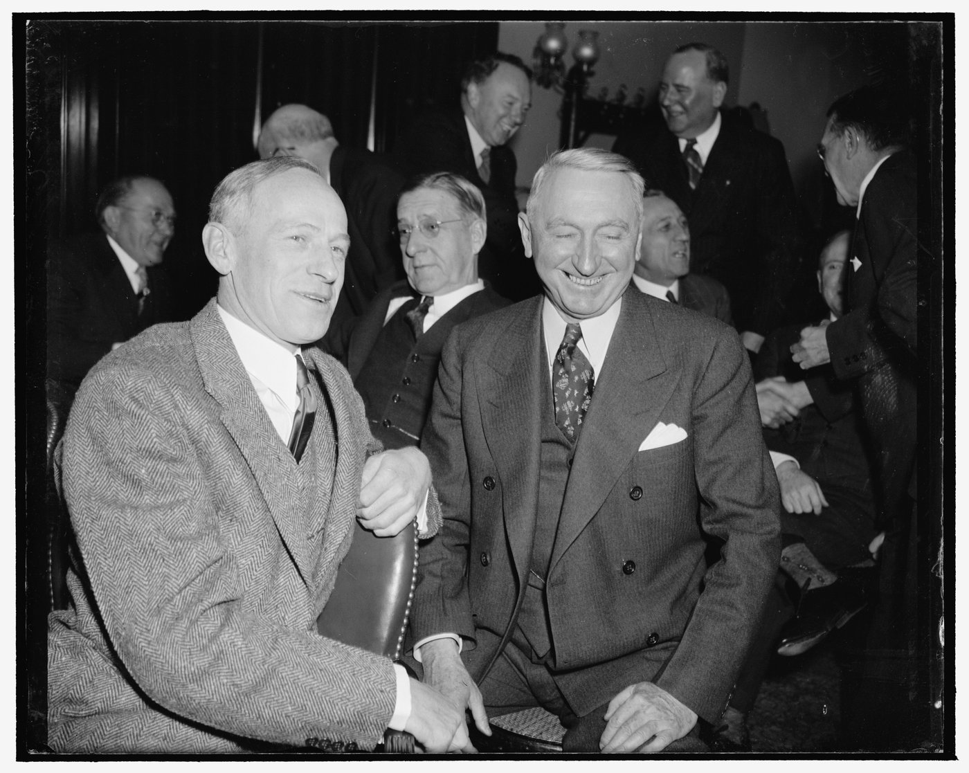 Senator Millard E. Tydings (right) and Senator Walter F. George at the Senate Democratic Caucus, December 31, 1938, after surviving FDR's purge attempt. Library of Congress / Harris and Ewing. Public domain.