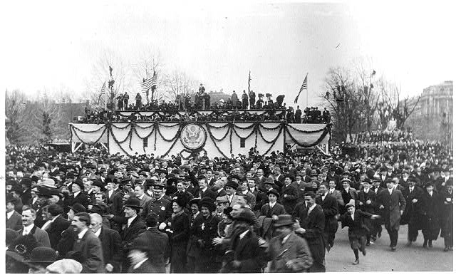 The presidential parade viewing stand on Pennsylvania Avenue, decorated with the Great Seal of the United States for Woodrow Wilson's first inauguration, March 4, 1913.