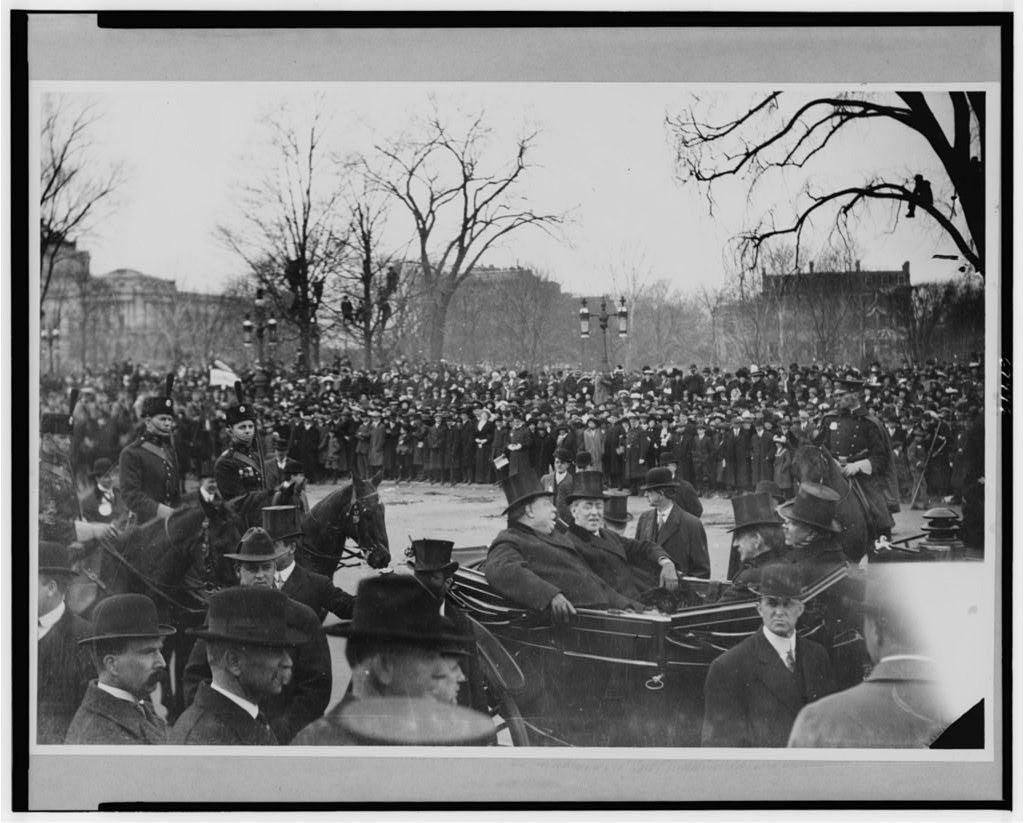 President-elect Woodrow Wilson and outgoing President William Howard Taft arriving at the U.S. Capitol on inauguration day, March 4, 1913.