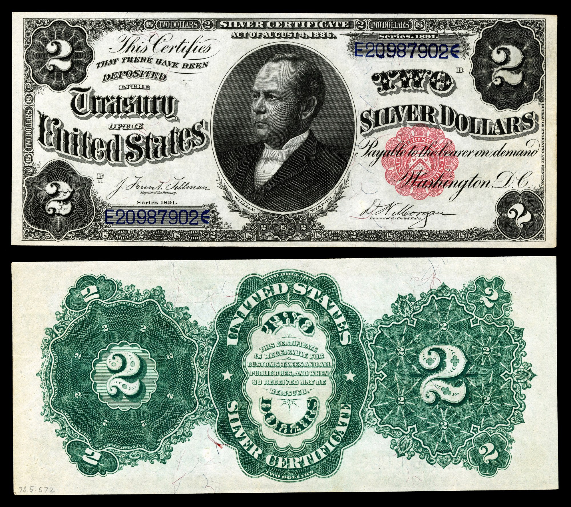 1891 two-dollar silver certificate bearing the portrait of William Windom