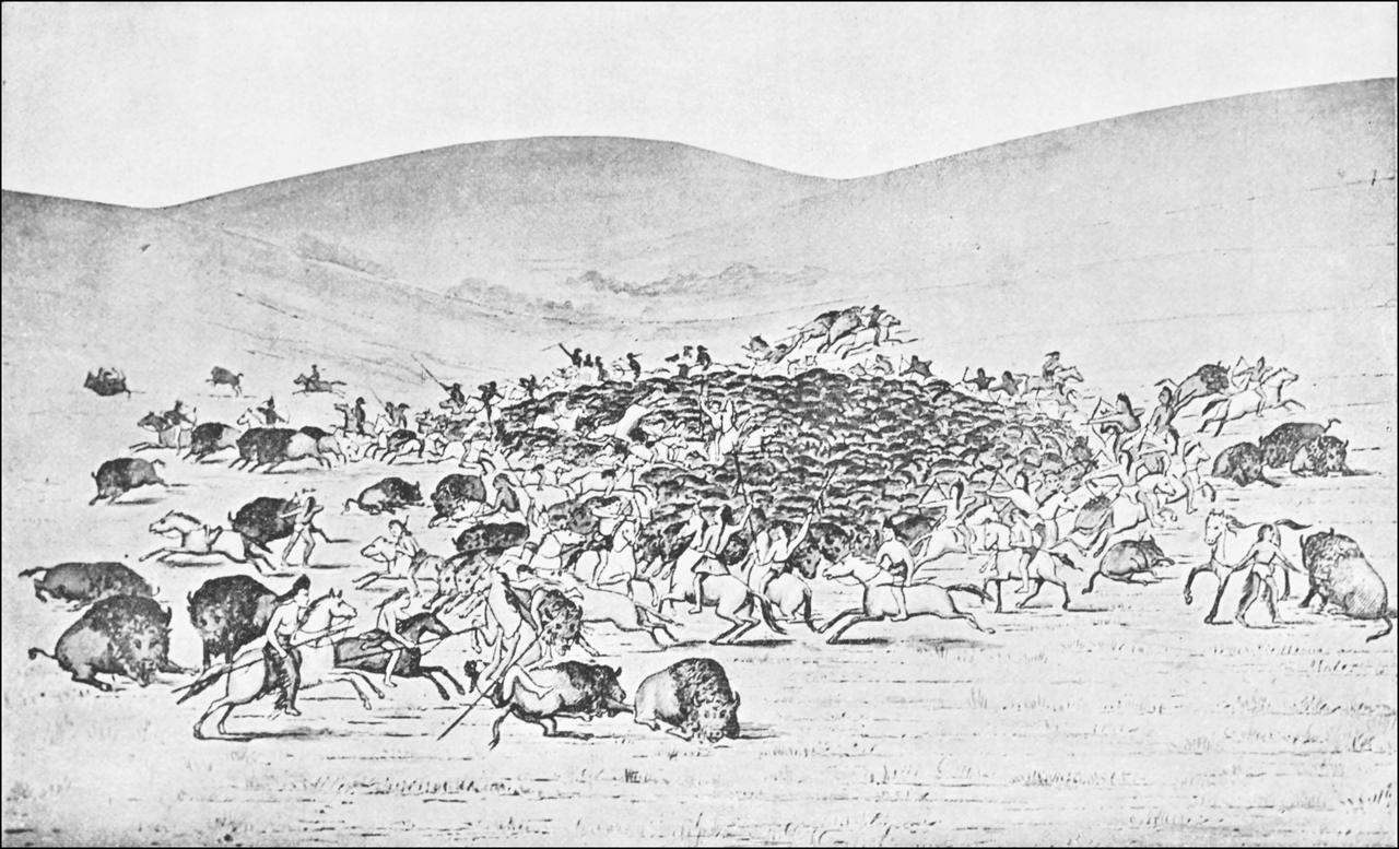 Engraving of mounted hunters surrounding a herd of bison on the plains