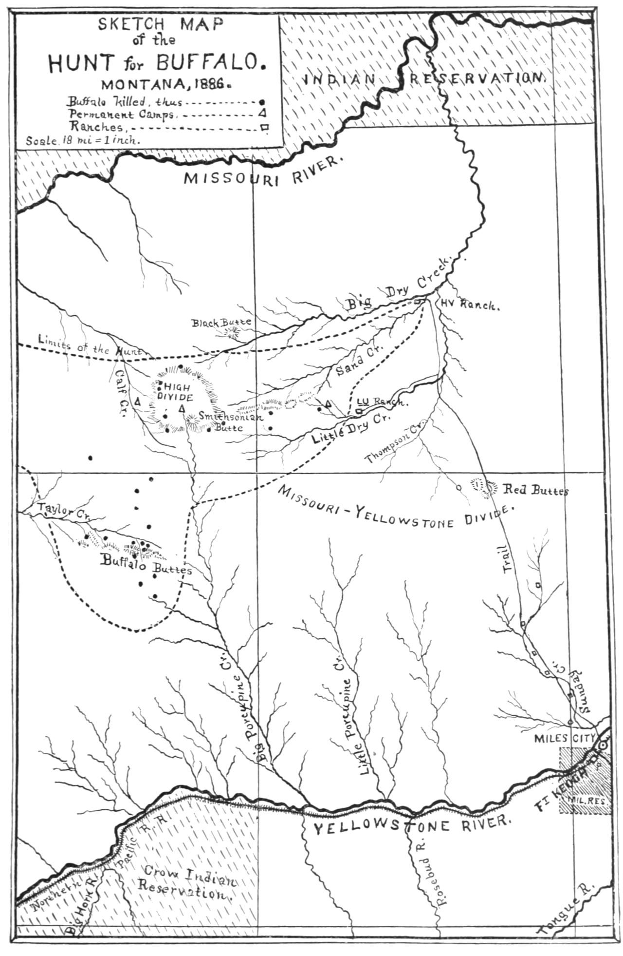 Hornaday's 1886 sketch map of the Smithsonian buffalo expedition route in eastern Montana