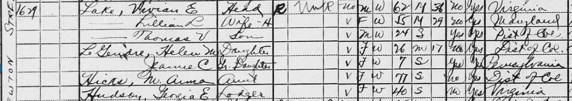1930 census line for the Lake household at 1629 Newton Street NW