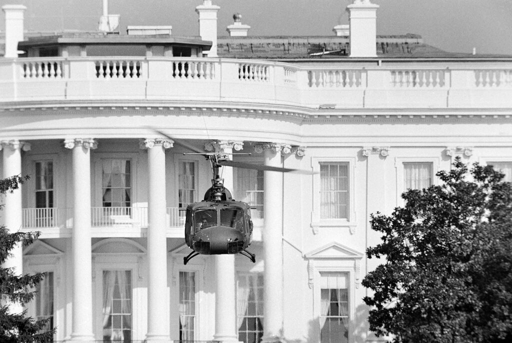 Bell UH-1B helicopter on the White House South Lawn after Robert Preston put it down under 300 rounds of fire on February 17, 1974