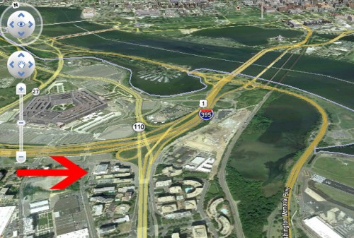 Google Earth screenshot showing the proposed Pentagon City baseball stadium site between I-395 and Route 110