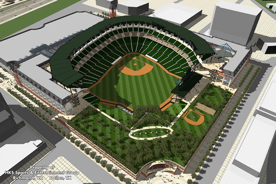 HKS Architects rendering of the proposed Arlington baseball stadium on the Potomac waterfront with the Washington skyline in the background