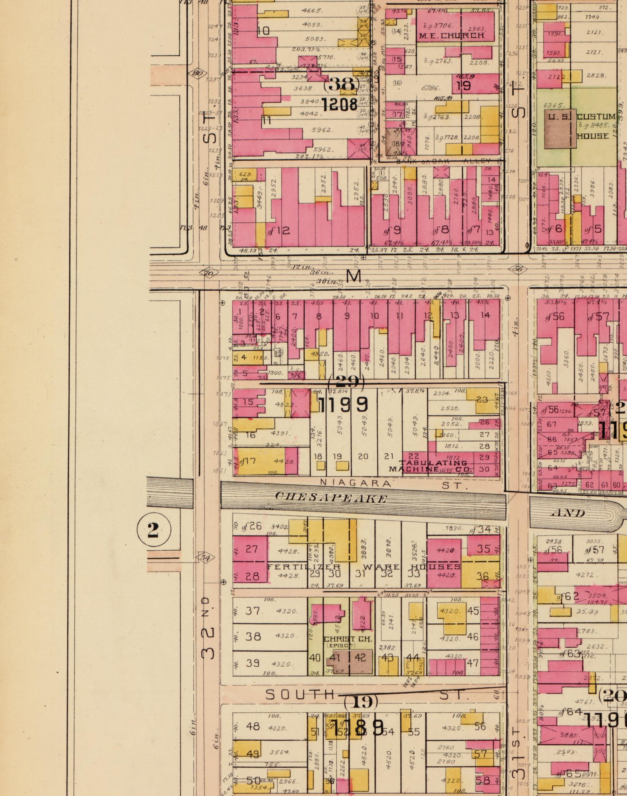 1903 Baist atlas plate showing the southeast corner of M Street and 32nd Street (now Wisconsin Avenue) in Georgetown, with the Nathans building corner and the Tabulating Machine Company labeled in Square 1199