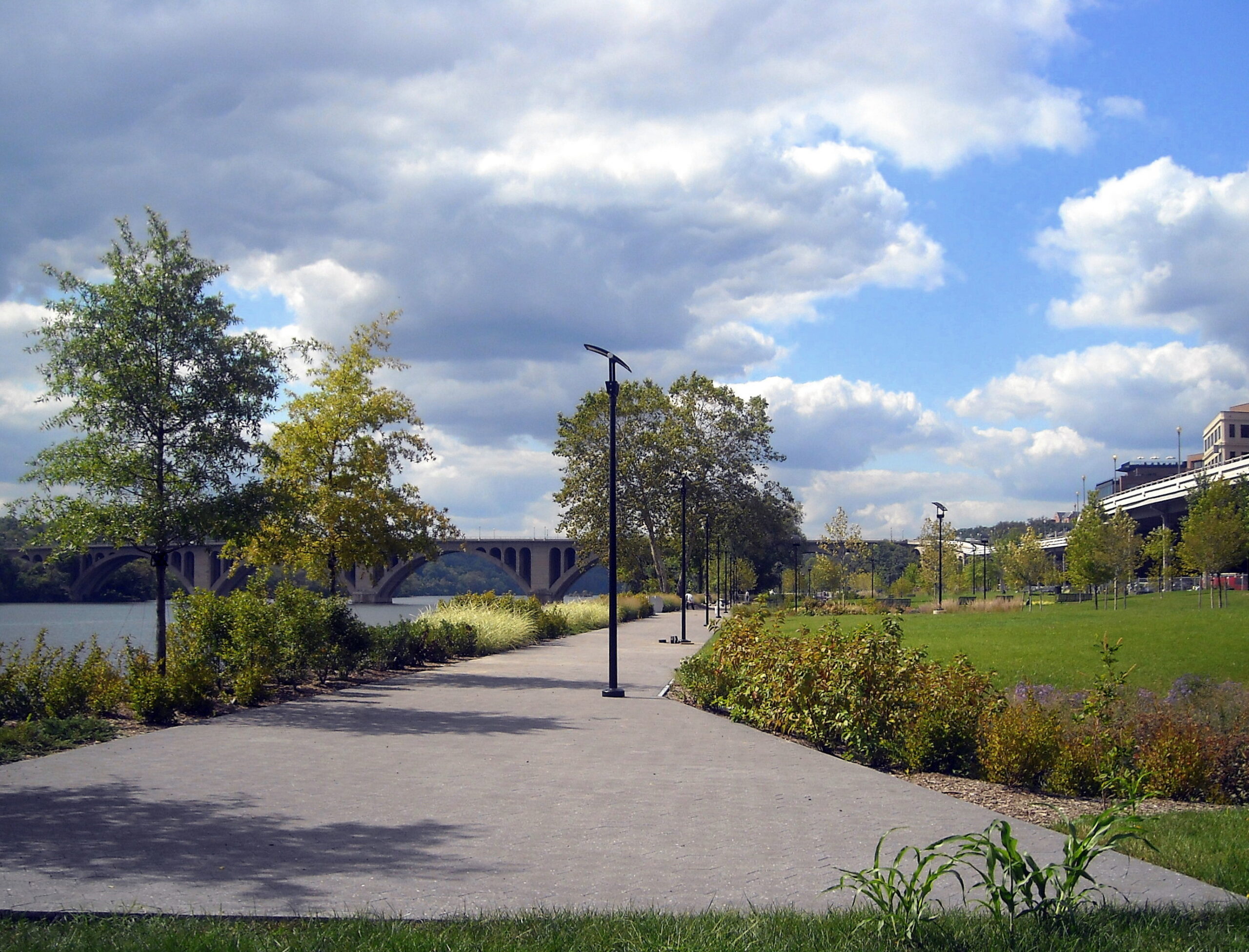 Georgetown Waterfront Park opened in 2011 along the Potomac River in Washington DC
