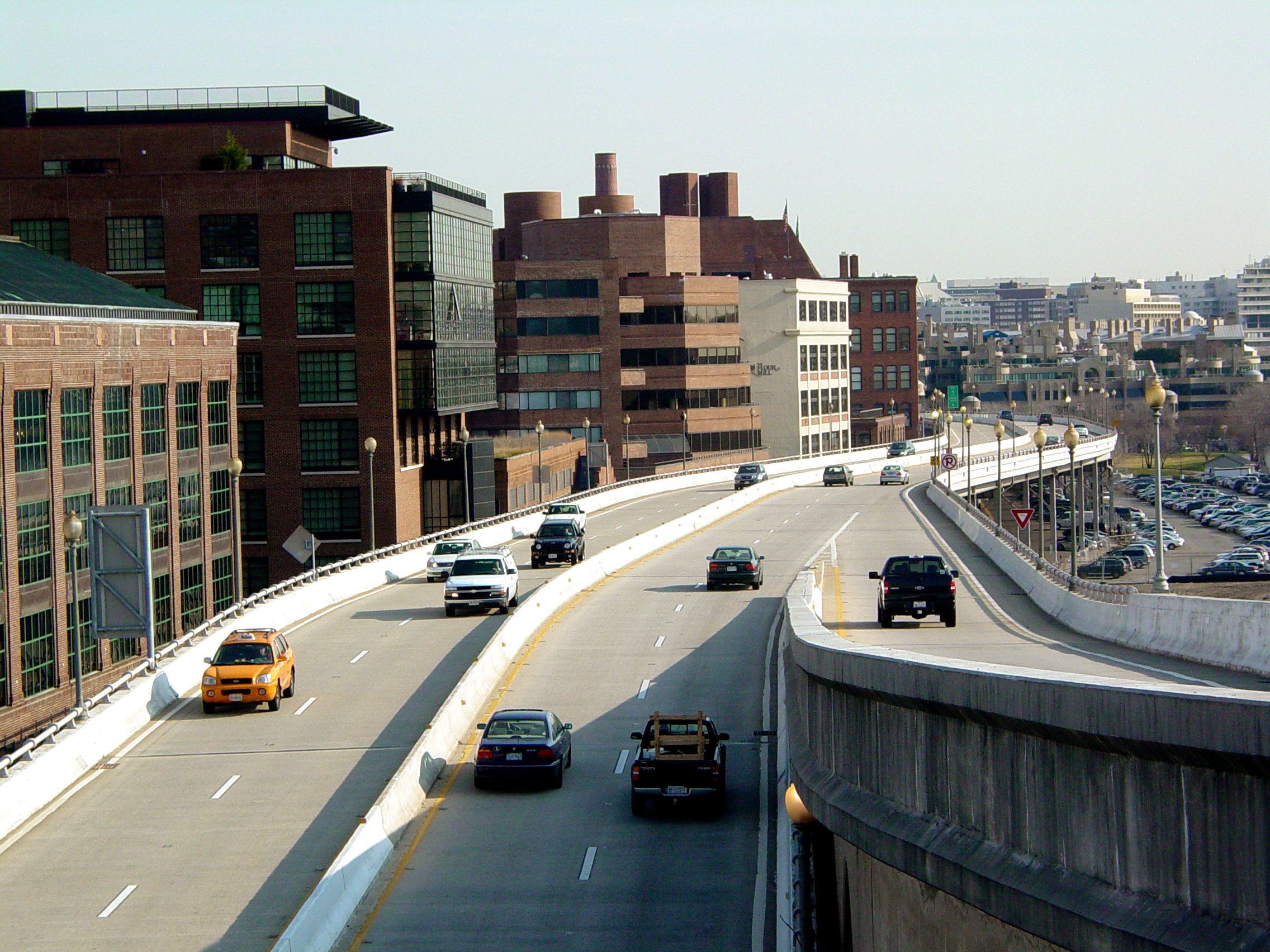 The Whitehurst Freeway elevated highway running along the Georgetown waterfront seen from Key Bridge